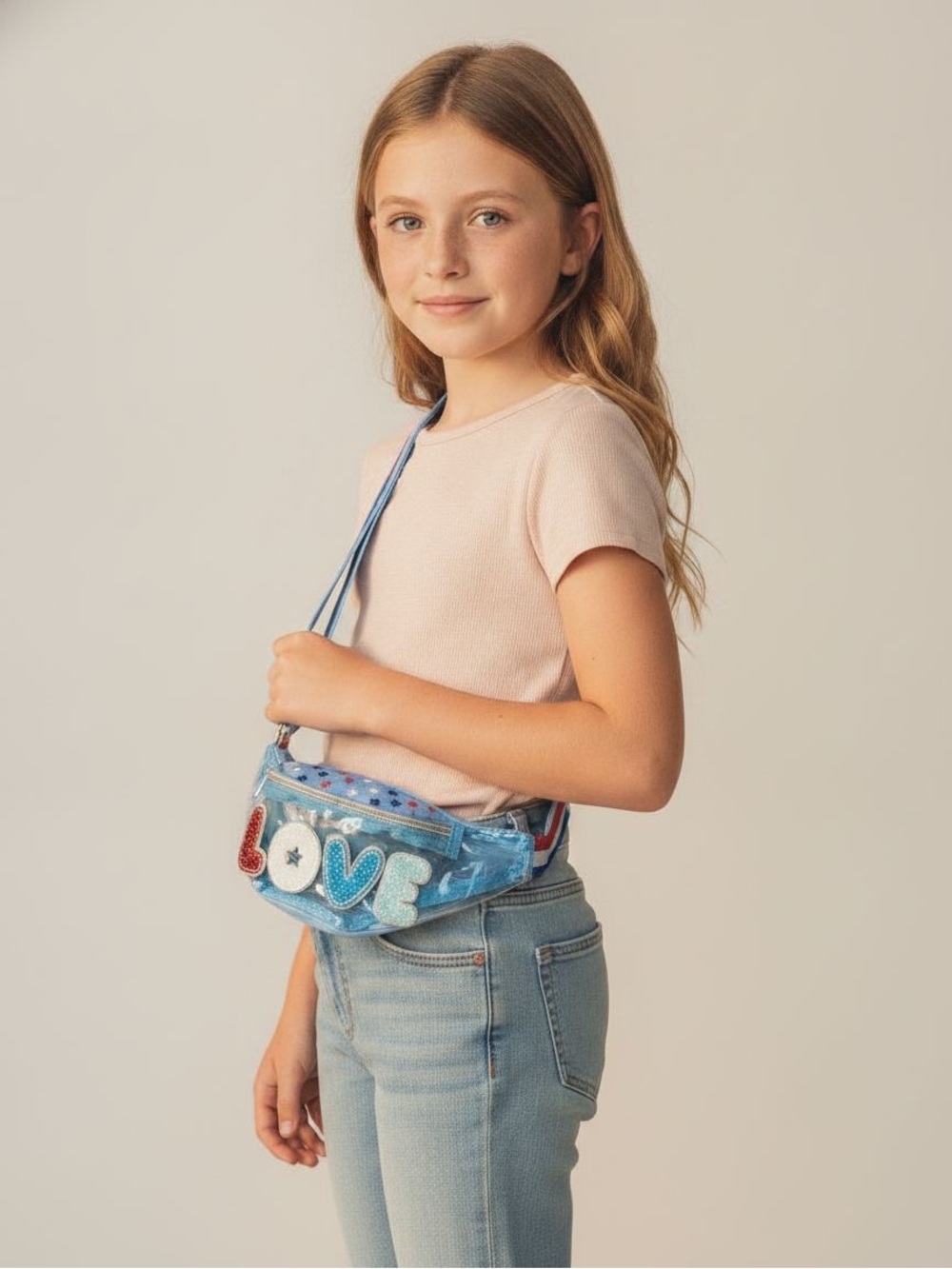 Clear Light Blue Kids 'LOVE' Crossbody Bag with Appliqué